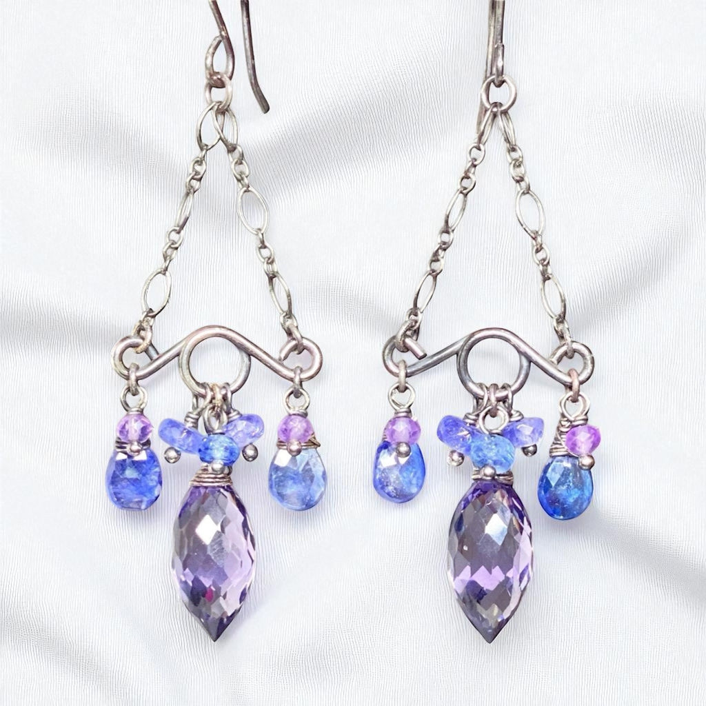 Blue Purple Gemstone Handmade Chandelier Earrings Oxidized Silver Tanzanite