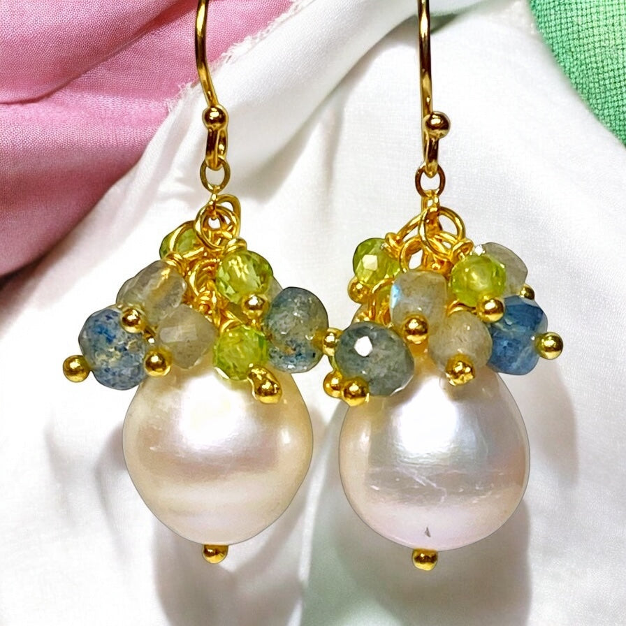 Pearl and Aquamarine, Labradorite, Peridot Cluster Earrings Gold Fill