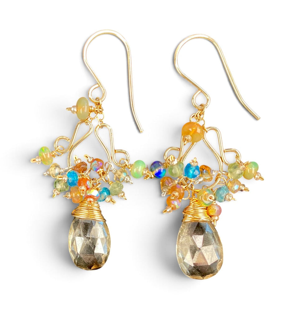 Mystic Smokey Quartz, Colorful Gemstones, Chandelier Earrings, 14k Gold Fill
