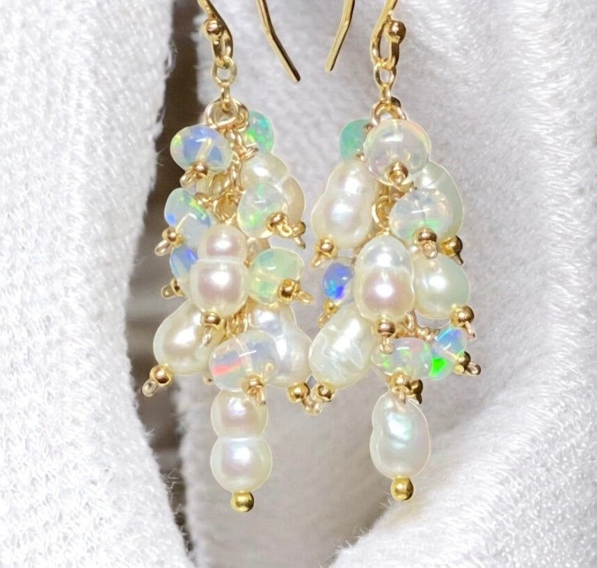 Pearl and White Ethiopian Opal Dangle Earrings Gold