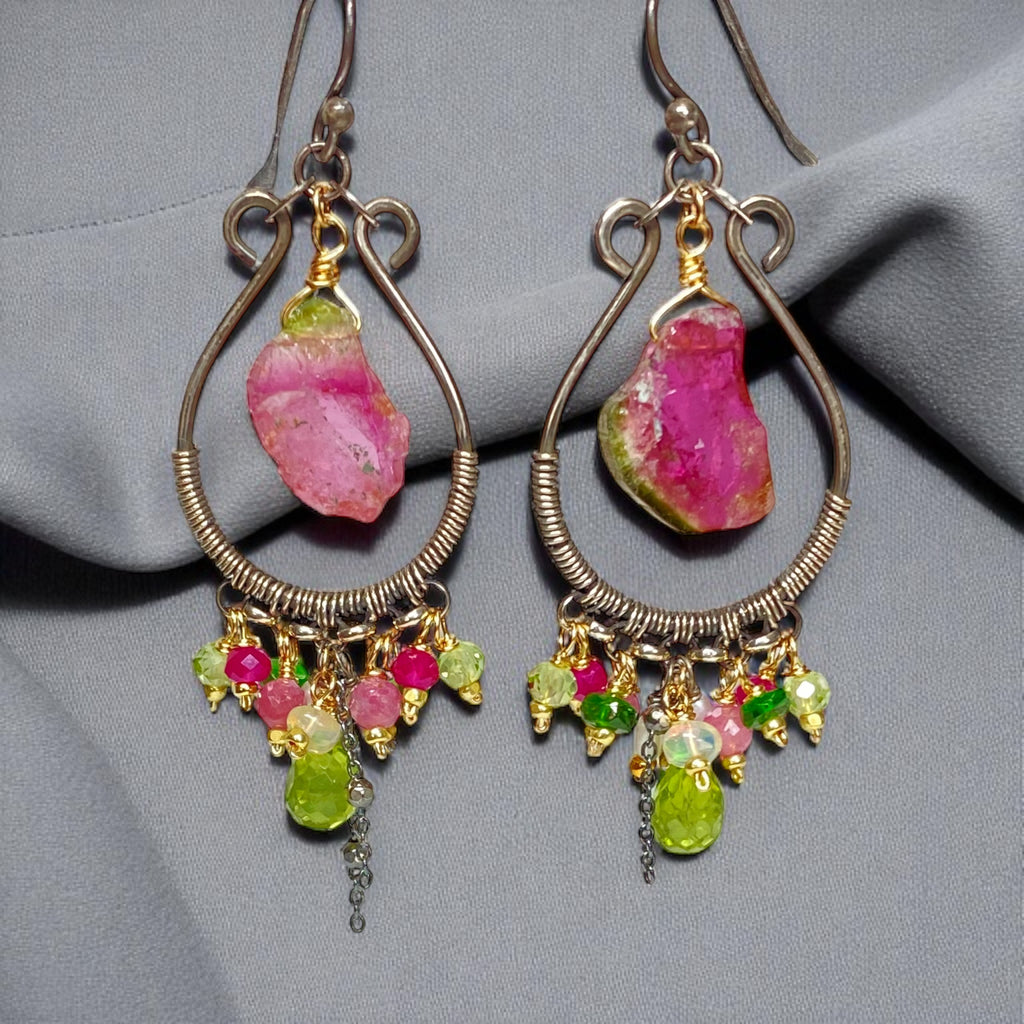 Pink Sapphire, Peridot, Watermelon Tourmaline Hoop Chandelier Earrings