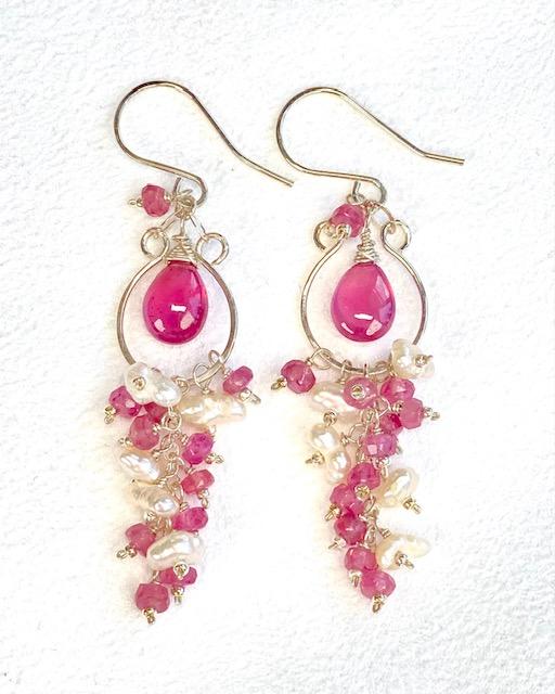 Pink Sapphire and Keishi Pearl Chandelier Hoop Earrings Sterling Silver - Doolittle