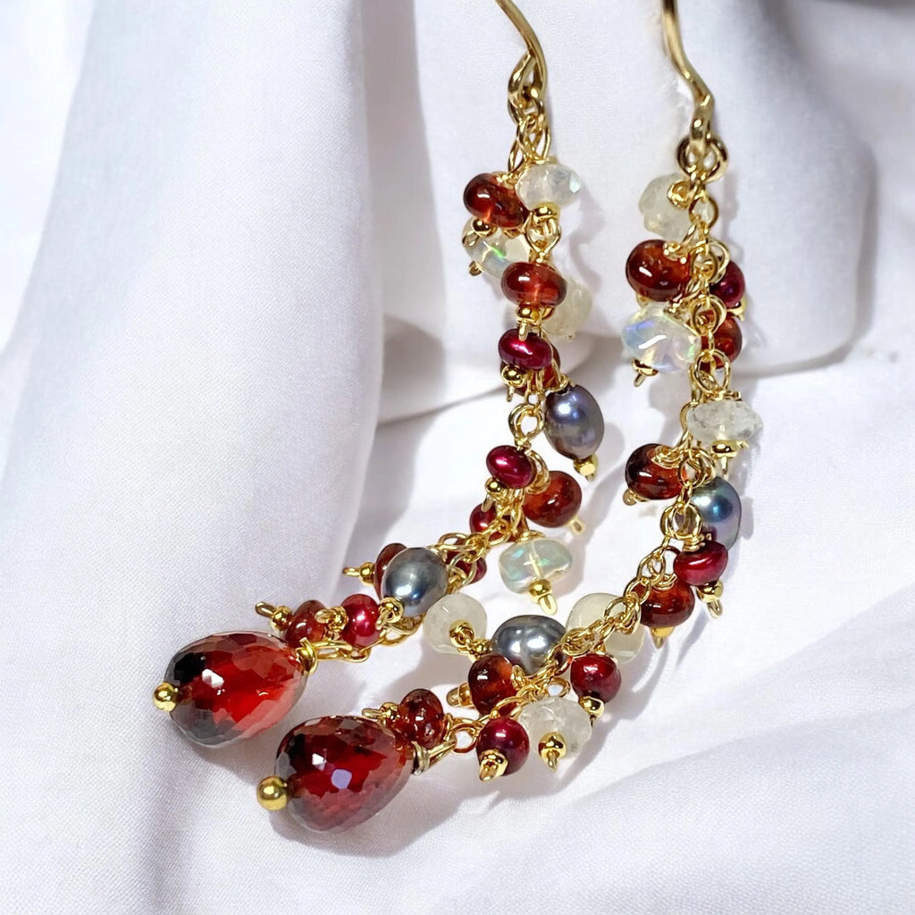 Red Garnet Cranberry Pearl and Opal Long Dangle Earring, Gold