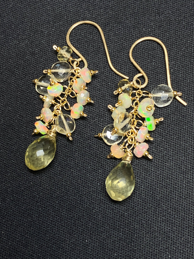 Yellow Lemon Quartz and Ethiopian Opal Dangle Earrings Gold