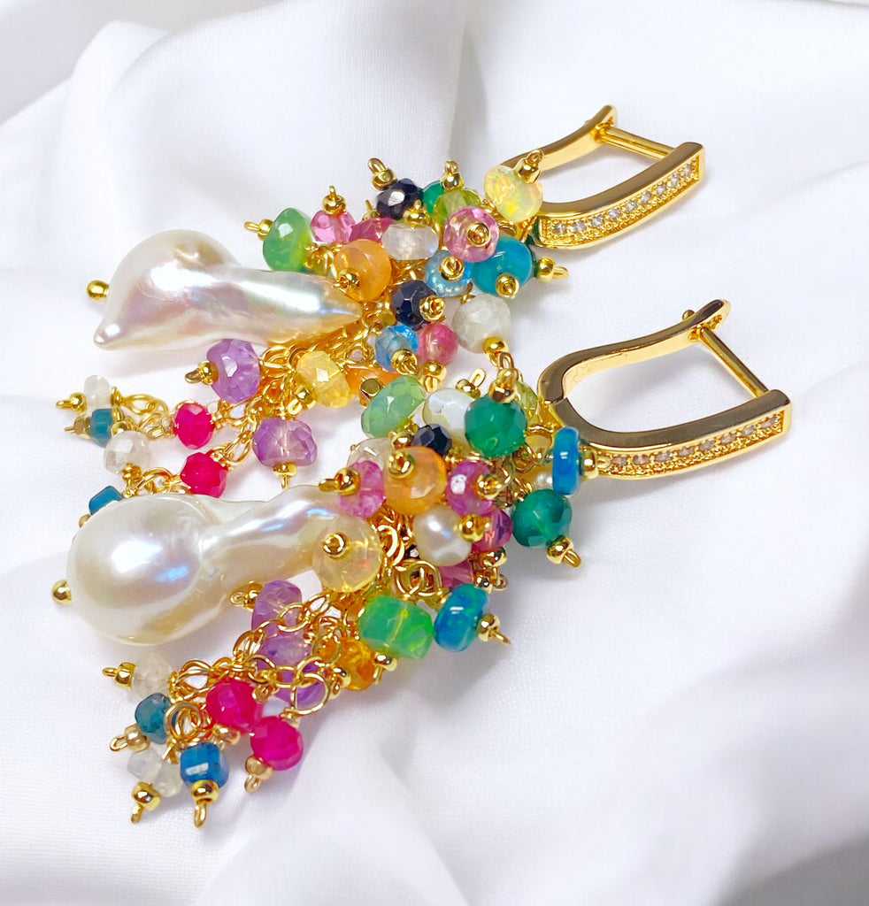 Baroque Flameball Earrings Multi Gemstone Cluster, Gold fill