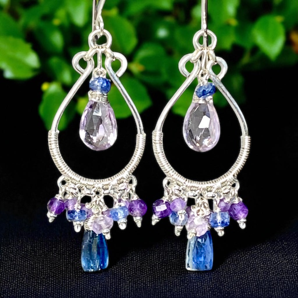 Blue Kyanite and Purple Gemstone Hoop Chandelier Earrings