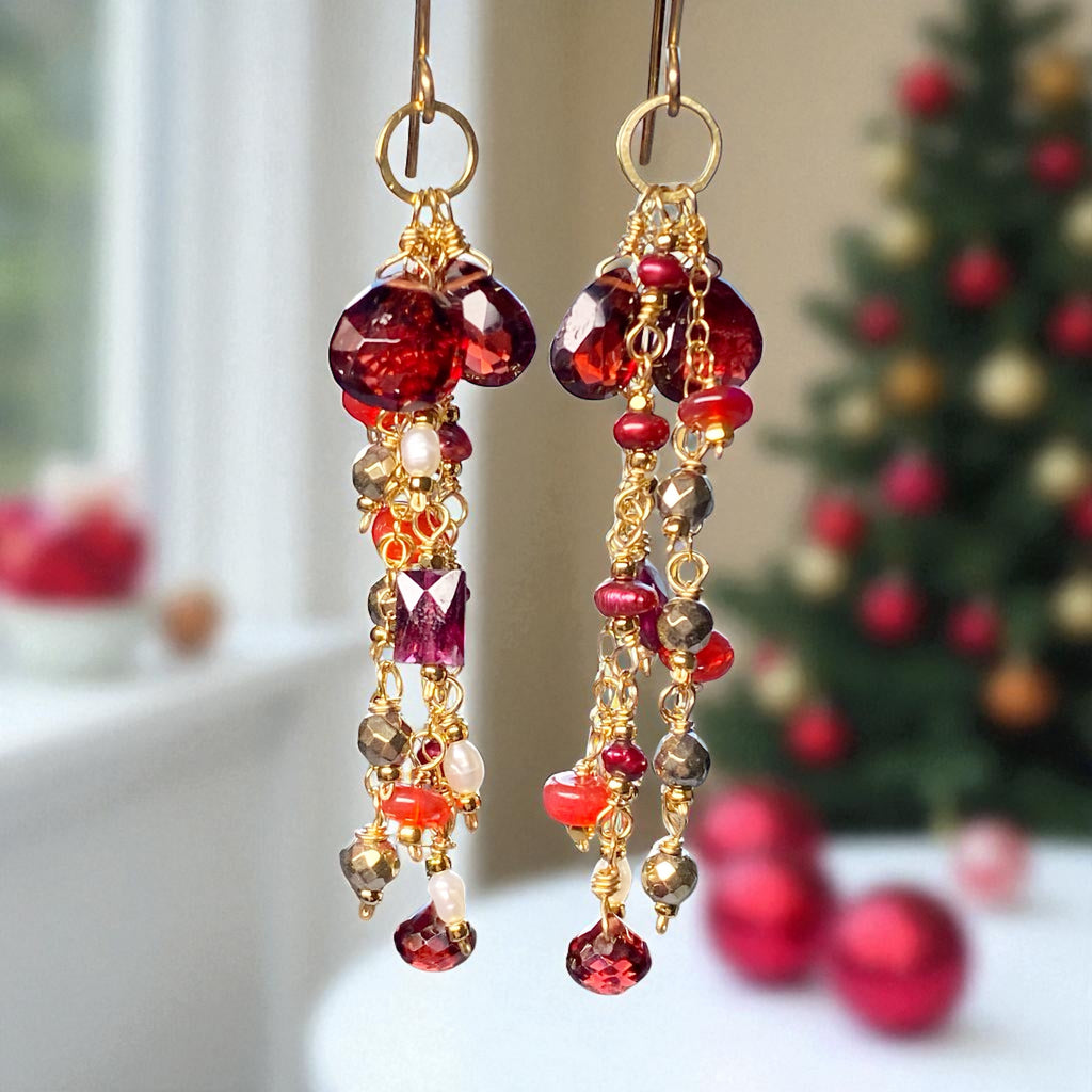 Garnet Dangle Earrings 14 kt Gold Fill with Red Pearls