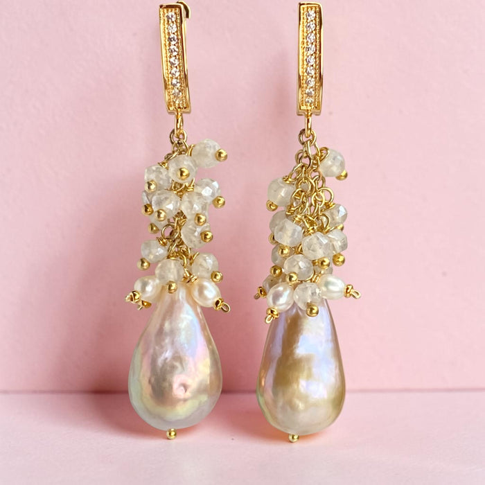 Baroque Flameball Gold Silver Metallic Pearl Earrings with Mystic Crystal Clusters Gold Fill
