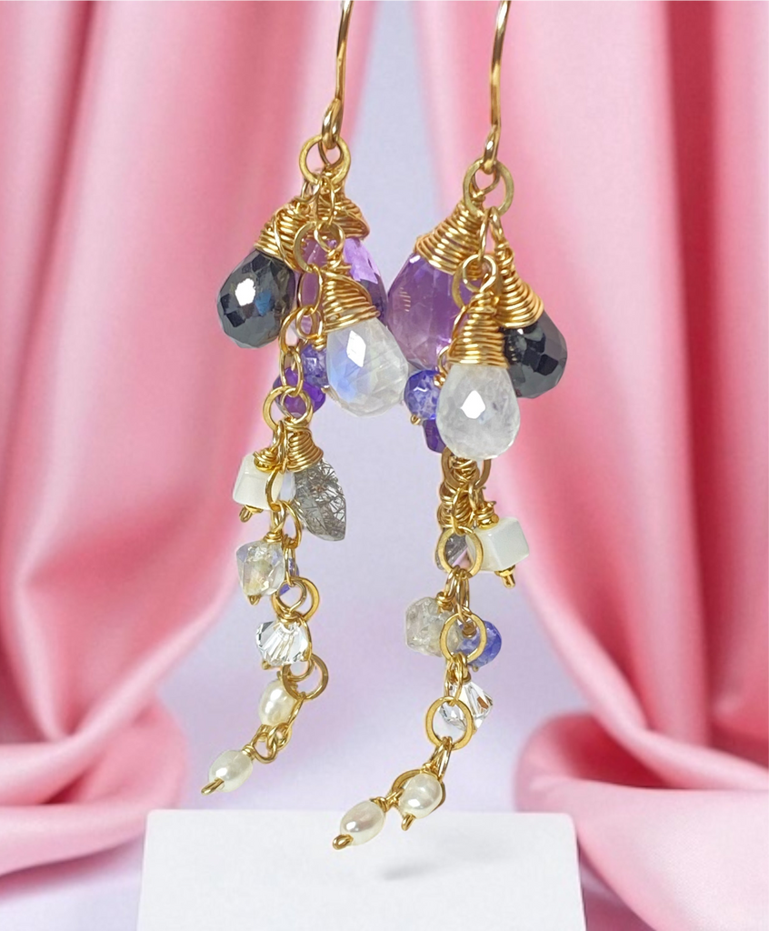 Amethyst Black Spinel Dangle Wire Wrap Moonstone Earrings 2