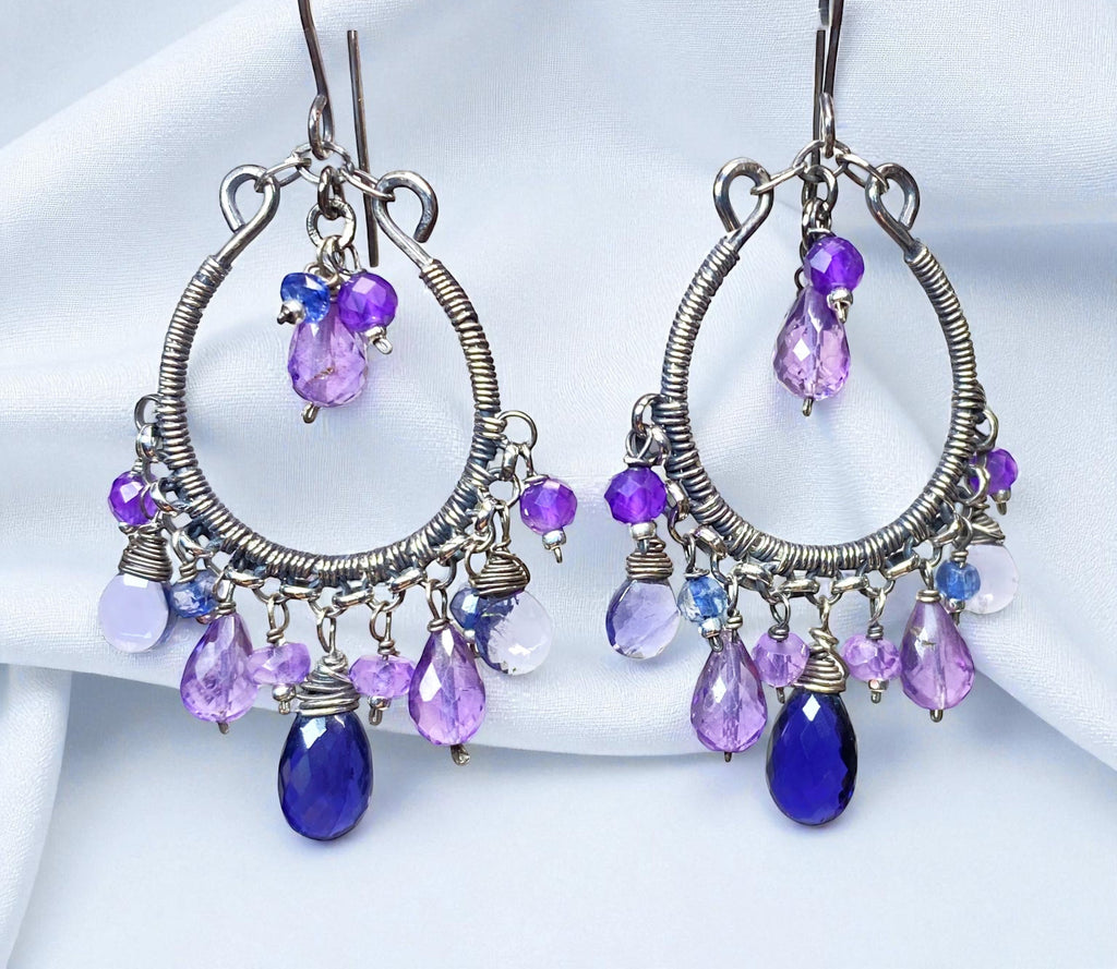 Blue Violet Oxidized Silver Hoop Chandelier Earrings Iolite, Lavender, Purple Amethyst