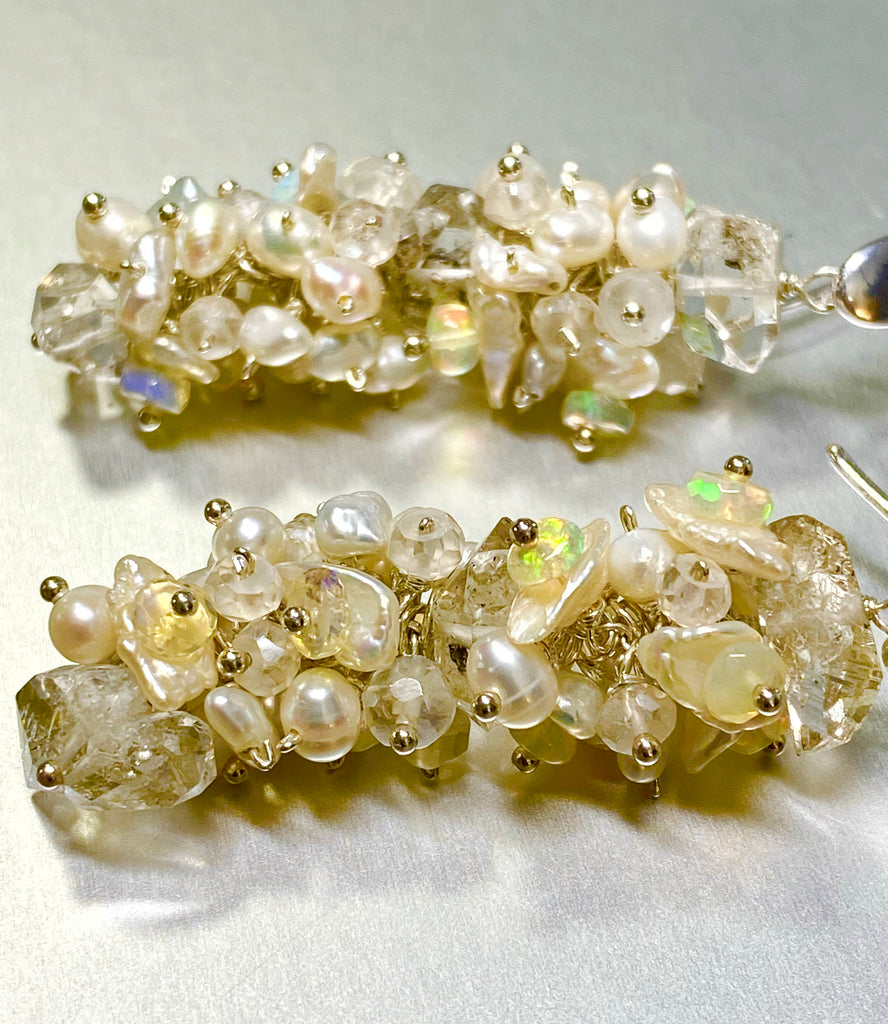 Herkimer Diamond Ethiopian Opal Cluster Earrings Sterling Silver Statement Bridal - Doolittle