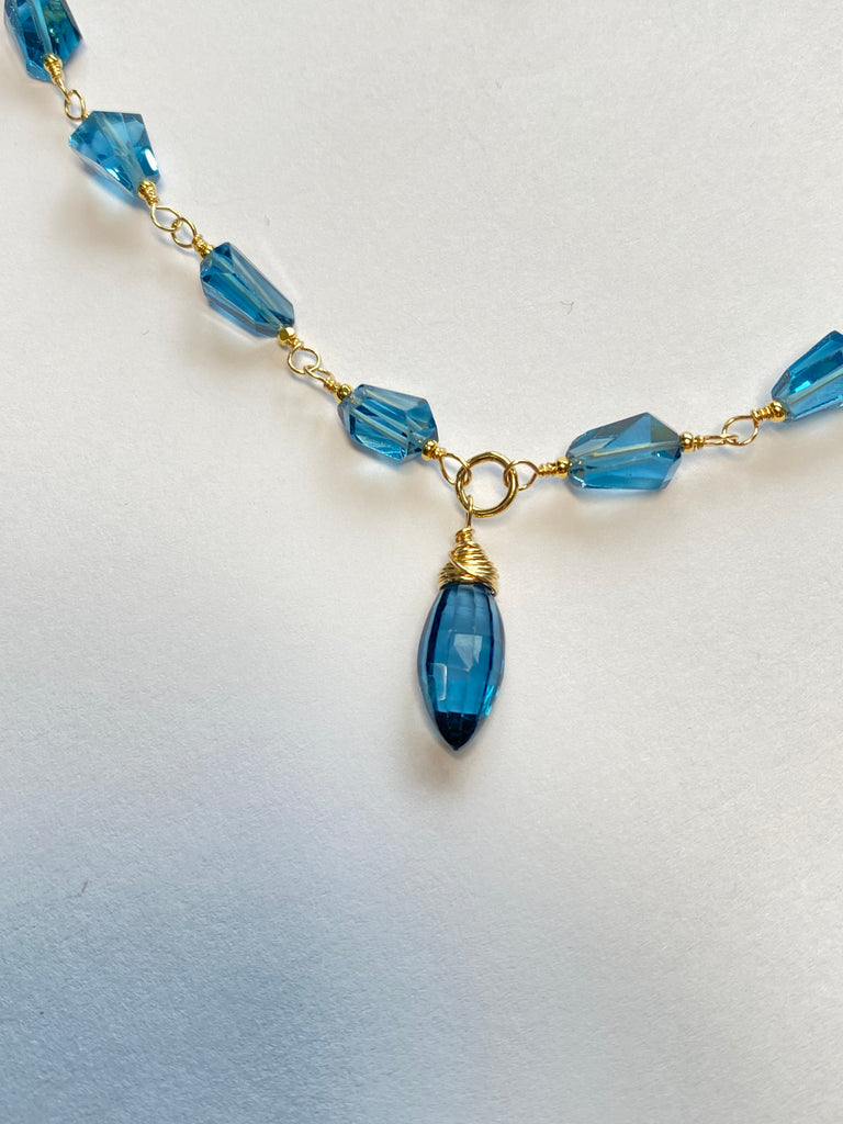 London Blue Topaz Pendant Wire Wrap Necklace Rosary Style Gold Fill
