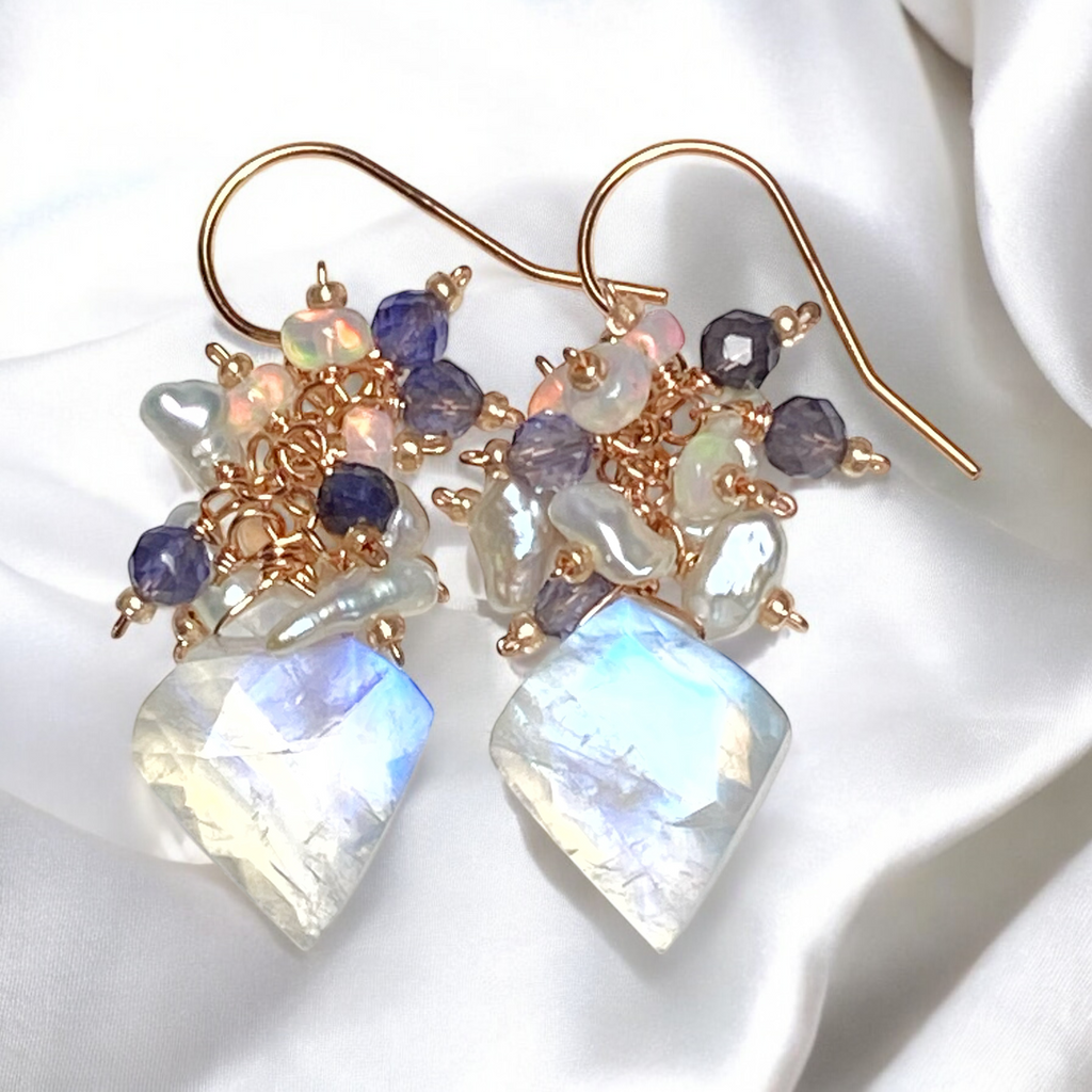 Rainbow Moonstone Fancy Cut Cluster Earrings, Opal, Iolite, Pearl