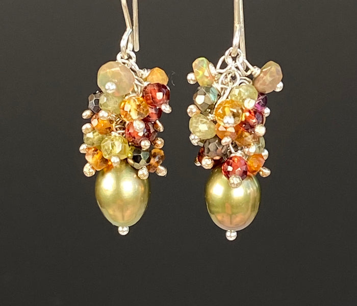 Olive Green Pearl Gemstone Cluster Earrings Sterling Silver with Opals