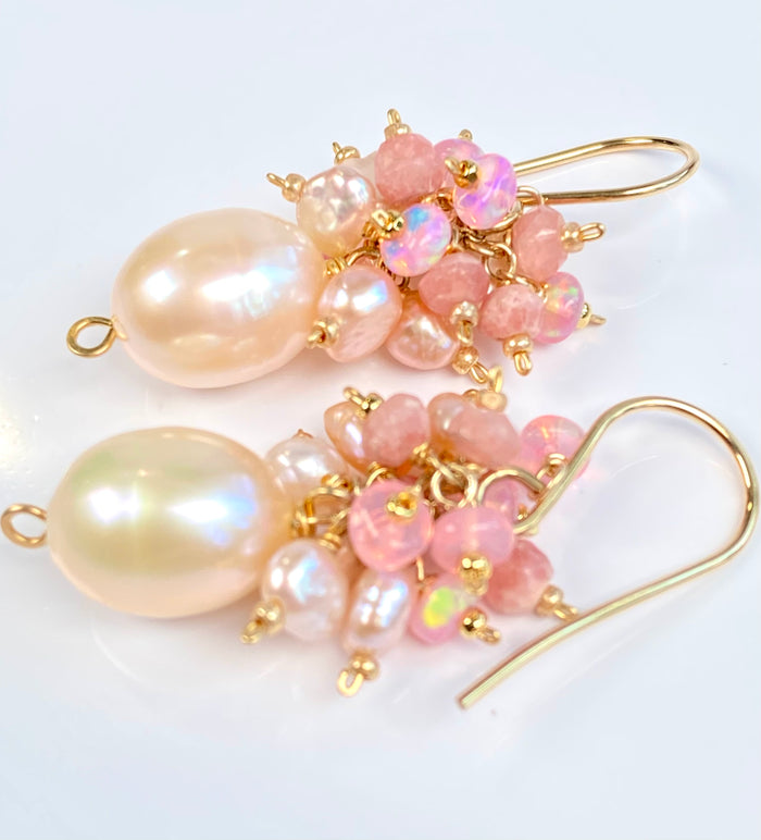 Pink Blush Pearl Pink Opal Cluster Earrings Gold Fill