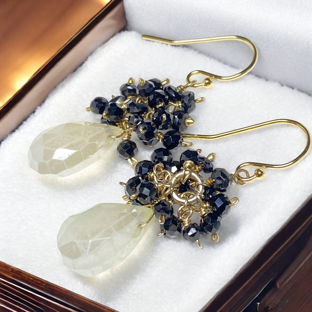 Mystic Ivory Chalcedony, Black Spinel Cluster Earrings Gold Fill