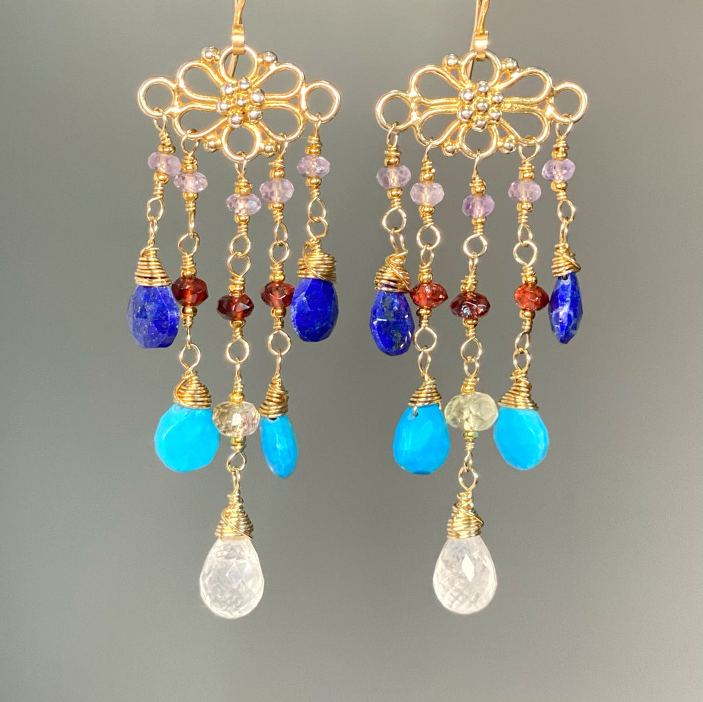 Turquoise, Blue Lapis, Moonstone and Garnet Chandelier Earring - Doolittle