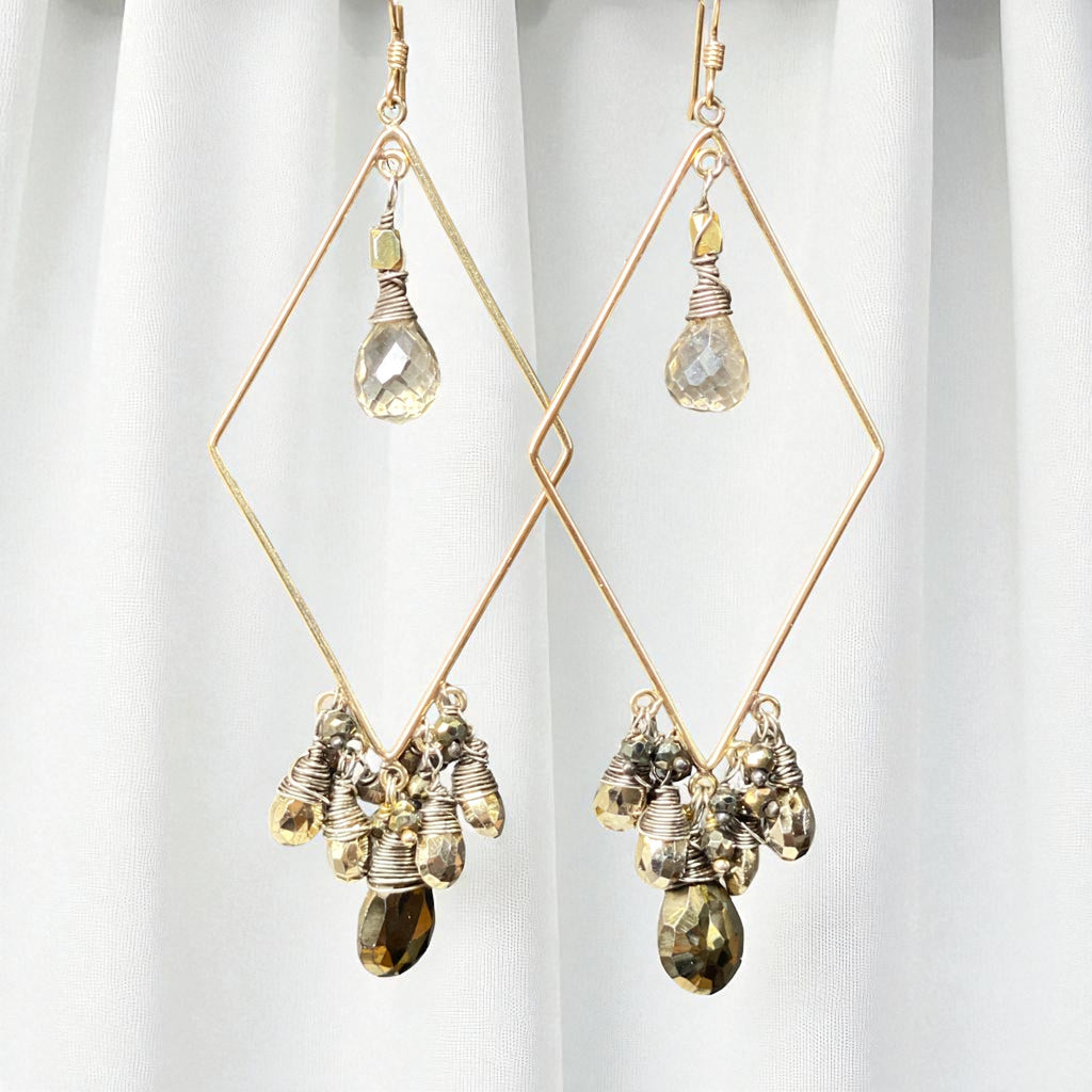 Mixed Metal Statement Hoop Earrings Pyrite Spinel Gemstones Gold Fill