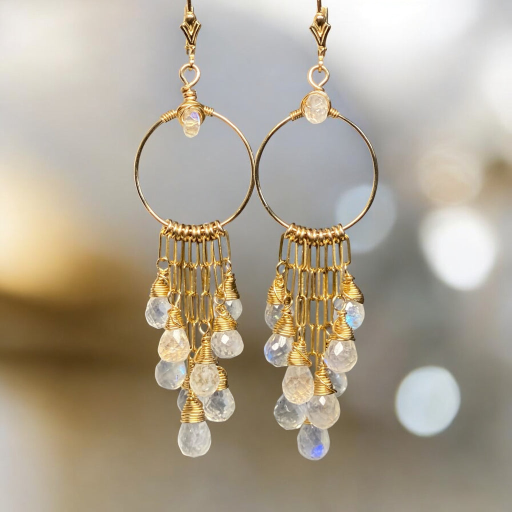 Rainbow Moonstone Gold Hoop Chandelier Earrings