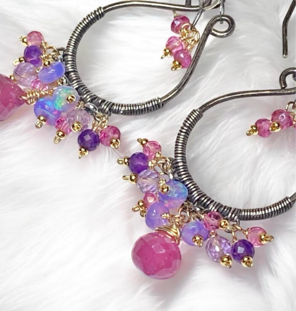 Pink Sapphire Mixed Metal Hoop Chandelier Earrings - Oxidized Sterling Silver - Doolittle