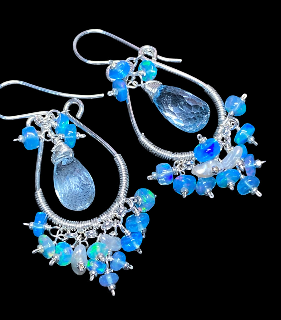 Blue Topaz and Opal Hoop Chandelier Earrings Sterling Silver
