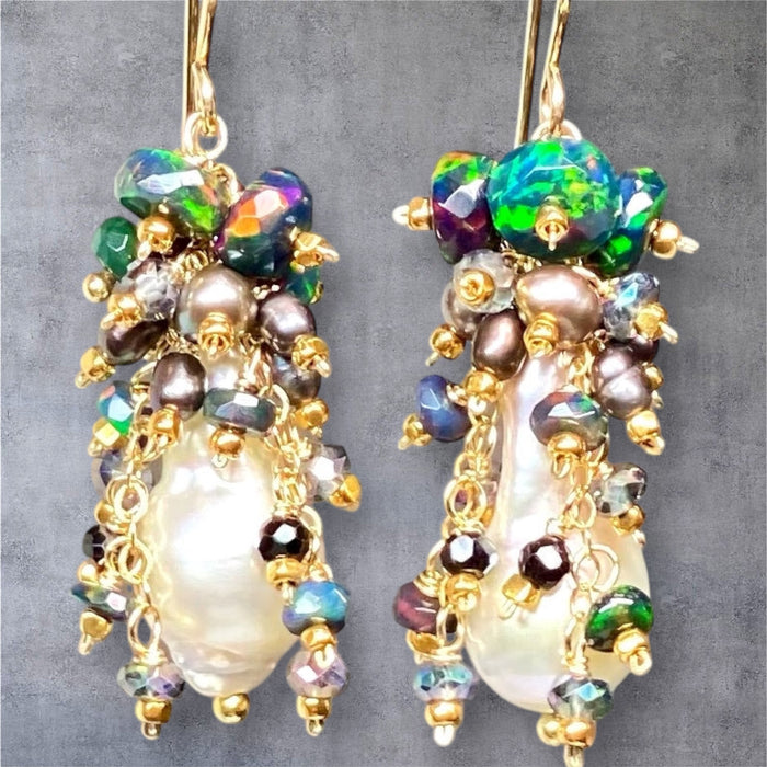 Baroque Pearl Earrings with Fiery Black Ethiopian Opals 3