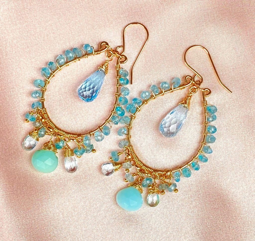 Blue Topaz Gold Fill Hoop Chandelier Earrings with Apatite, Peruvian Opal