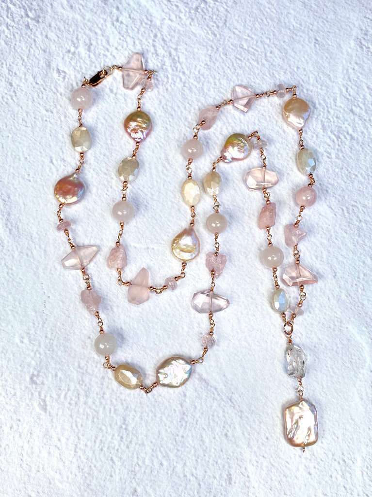 Blush Pink Coin Pearl Long Sautoir Necklace — Rose Gold Fill, Rose Quartz & Morganite