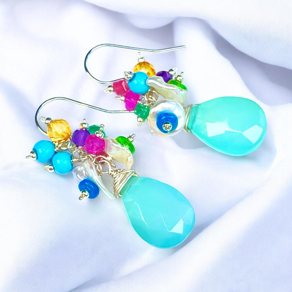 Aqua Chalcedony Multicolor Cluster Earrings Sterling Silver