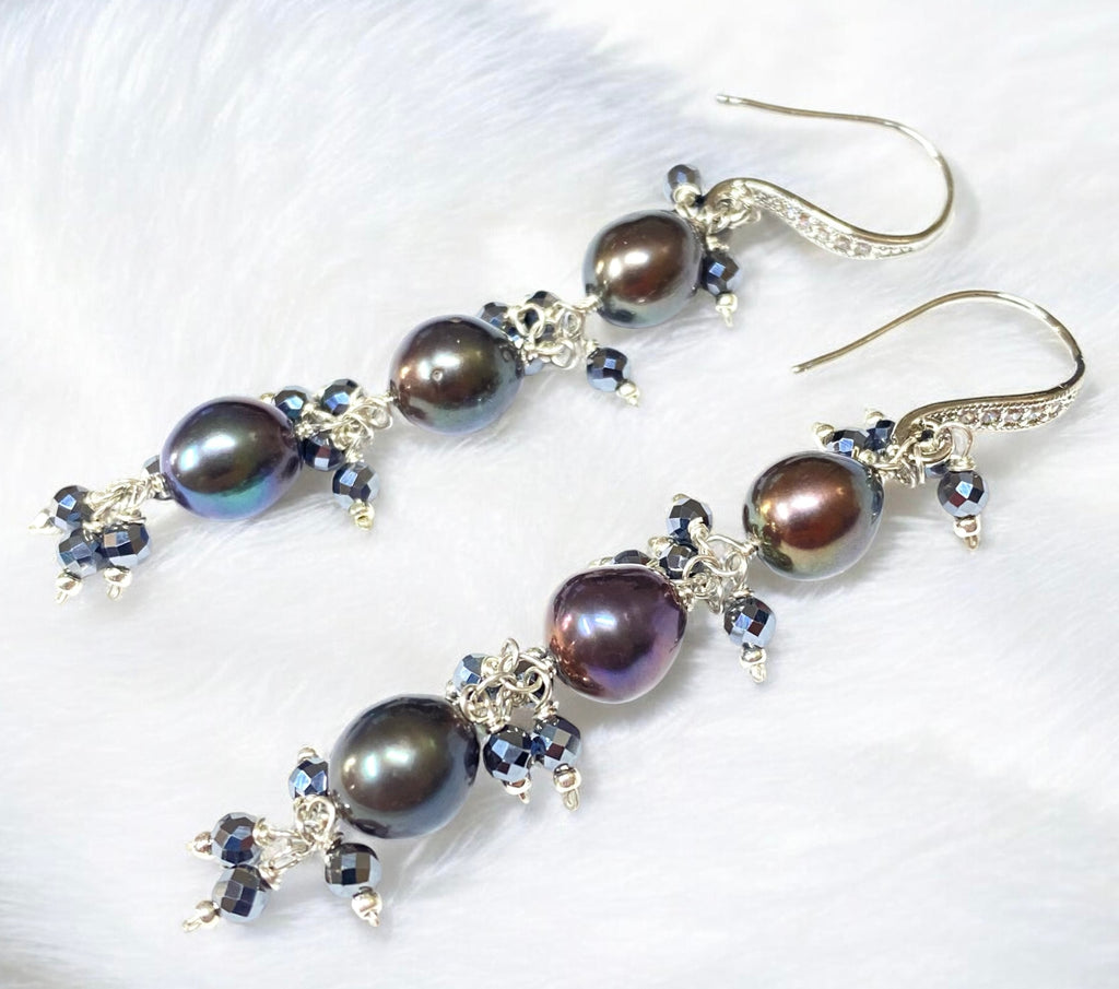 Black Peacock Pearl and Black Terahertz Long Dangle Earrings Sterling Silver - Doolittle