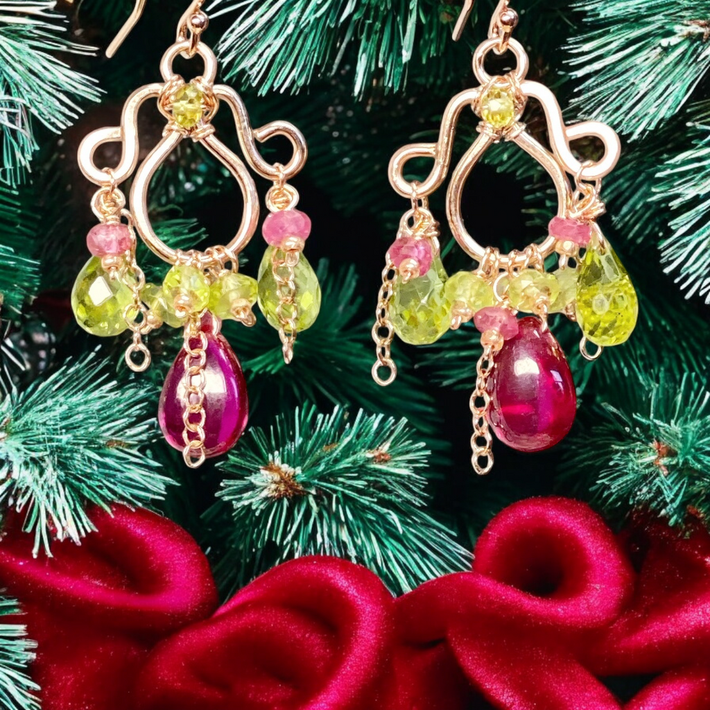 Rubellite and Peridot Rose Gold Chandelier Earrings - Pink and Green