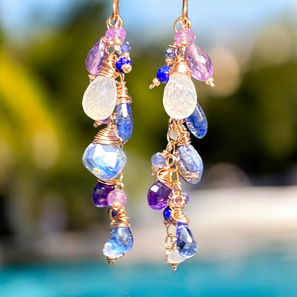 Rose Gold Boho Dangle Earrings with Kyanite, Amethyst & Moonstone | Handmade Gemstone Jewelry