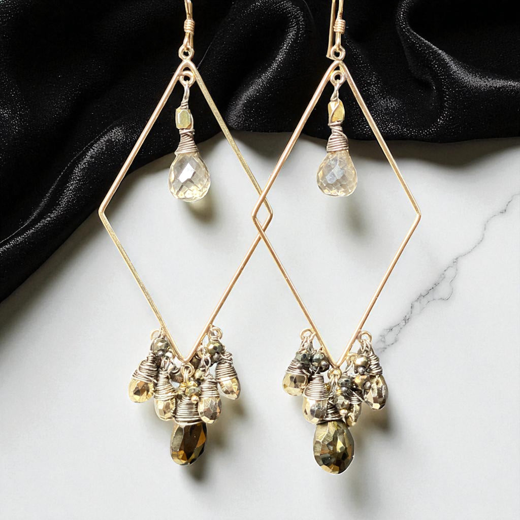 Mixed Metal Statement Hoop Earrings Pyrite Spinel Gemstones Gold Fill