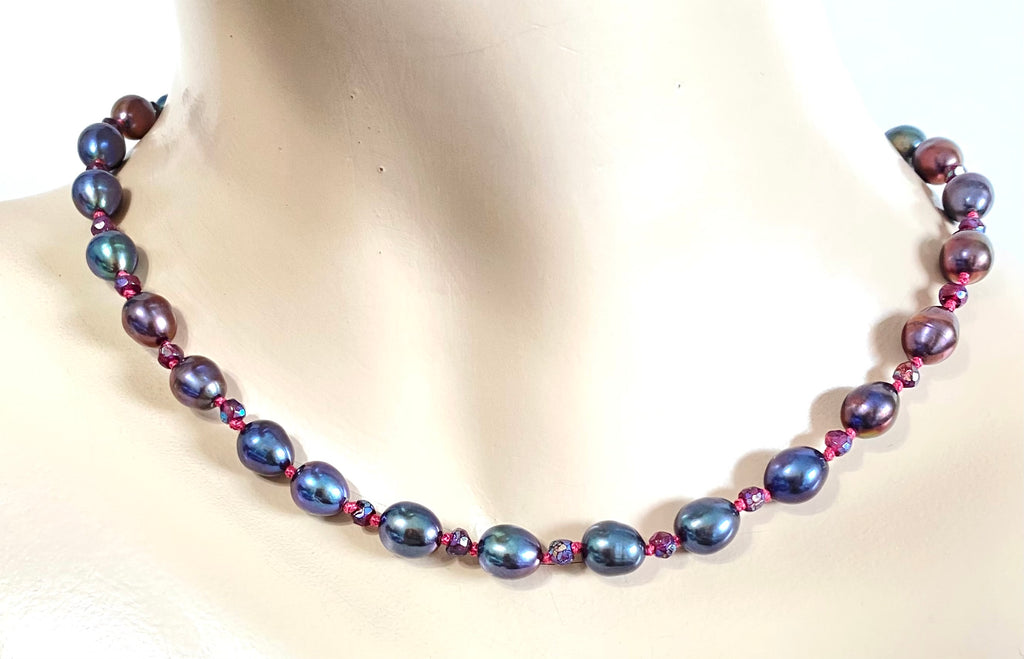 Peacock Pearl and Mystic Garnet Silk Knotted Necklace, Gold Fill