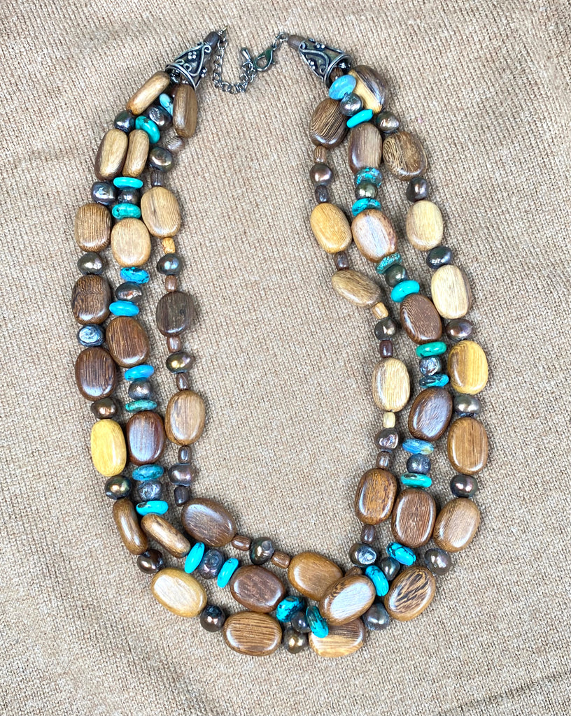 Triple Strand Chunky Beaded Necklace:  Turquoise, Pearl, Wood, Sterling Silver