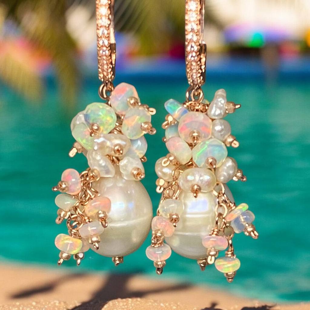 Pearl and Ethiopian Opal Cluster Earrings