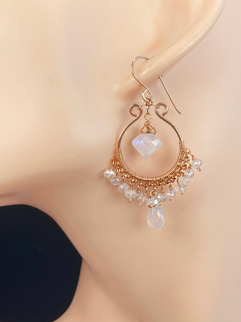 Diamond-Shaped Rainbow Moonstone Rose Gold Hoop Chandelier Earrings - Doolittle