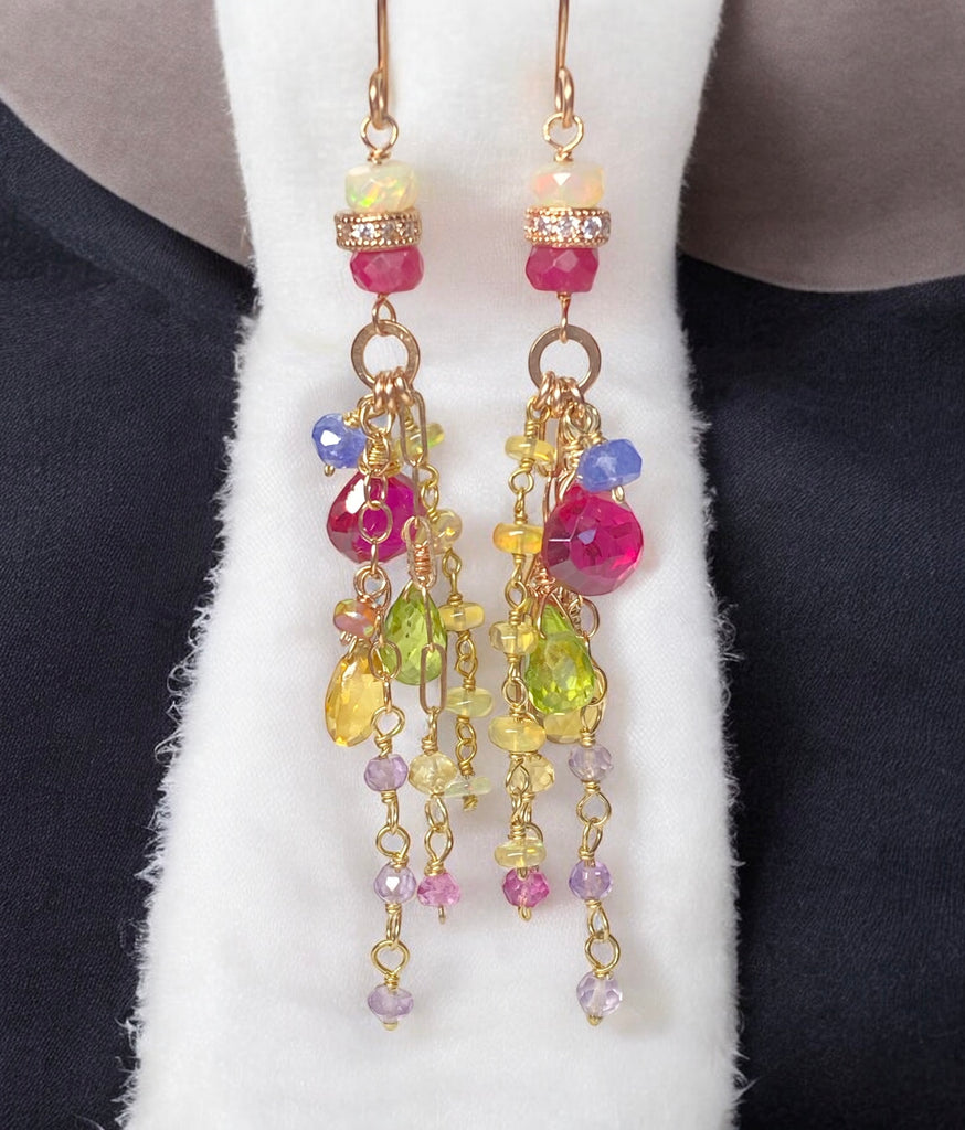 Multi-color Gemstone Long Chain Dangle Earrings Red Topaz Pink Sappire Citrine Opal Rose Gold