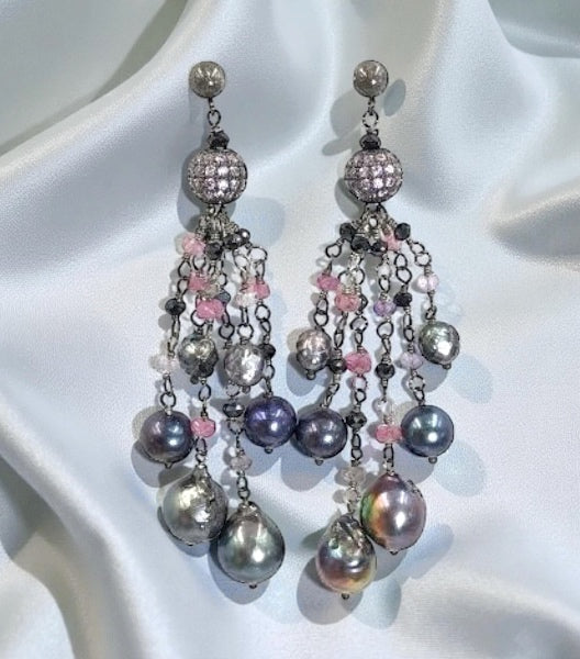 Pink Spinel Pearl Tassel Earrings