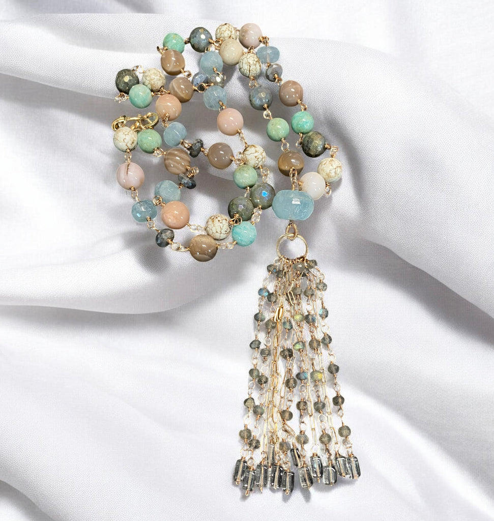 Aquamarine Labradorite Multi-Gemstone Long Tassel Necklace — Rose Gold Fill