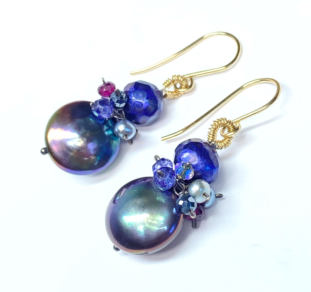 Peacock Coin Pearl Earrings with Faceted Blue Pearls