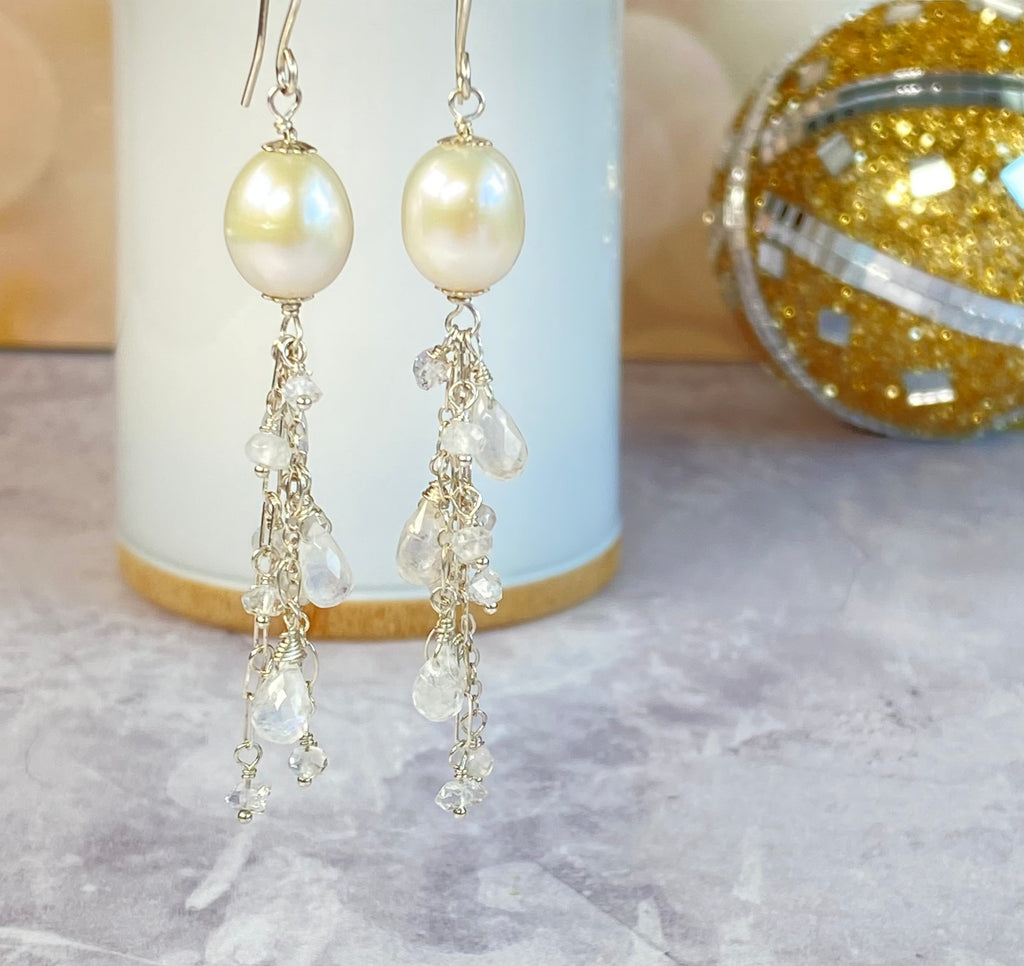 Pearl Moonstone Bridal Dangle Earrings Sterling Silver with Herkimer Diamonds