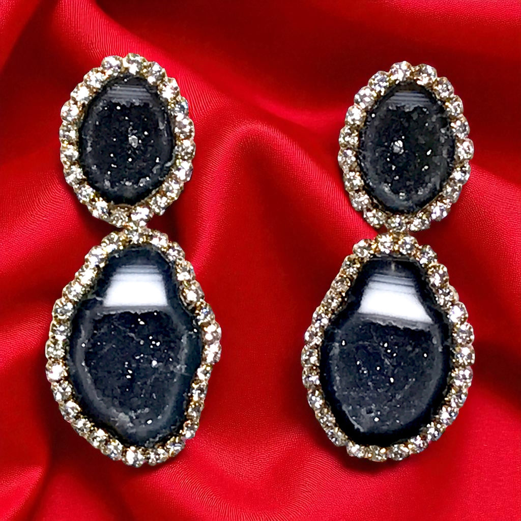 Black and White Tabasco Geode Earrings Double Dangle RARE