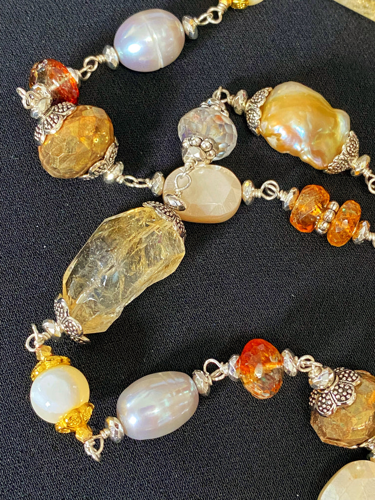 Citrine and Gold White Baroque Pearl Long Sautoir Necklace Sterling Silver — Pyrite Moonstone Crystal Quartz