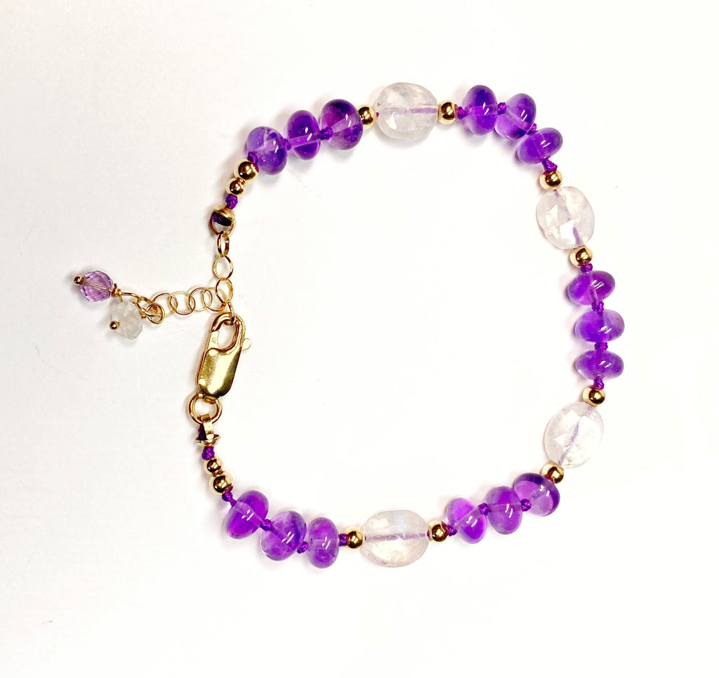 Amethyst and Rainbow Moonstone Silk Knot Bracelet Gold Fill