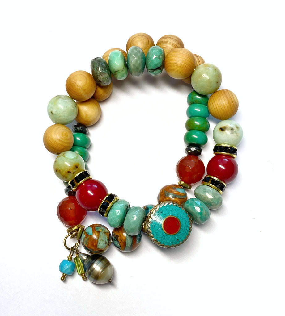 Stretch Bracelet Stack, Set of Two, Green Turquoise, Peruvian Opal, Tahitian Pearl Dangle