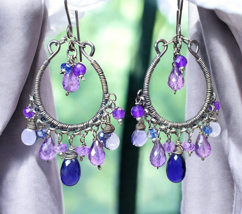 Blue Violet Oxidized Silver Hoop Chandelier Earrings Iolite, Lavender, Purple Amethyst