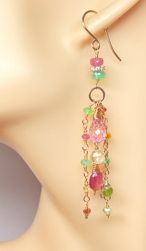 Pink Sapphire, Green Gemstone Rose Gold Long Dangle Earrings