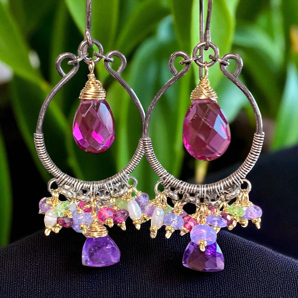 Blue Violet Gemstones Oxidized Silver Hoop Chandelier Earrings