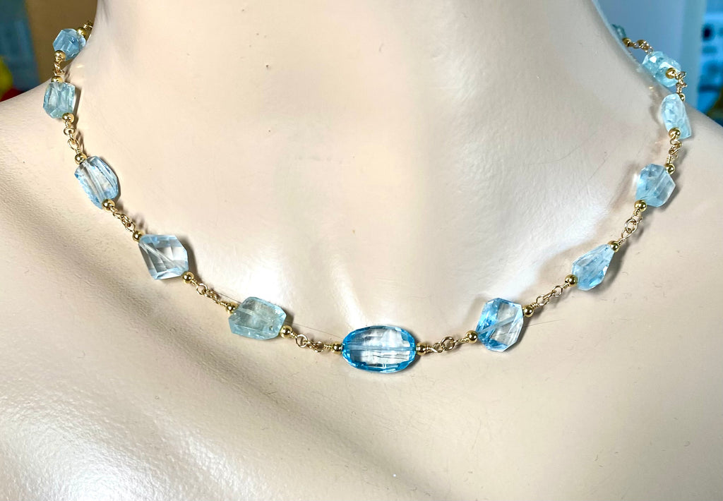 Blue Topaz and Aquamarine 14K Gold Fill Necklace Rosary Style Wire Wrap